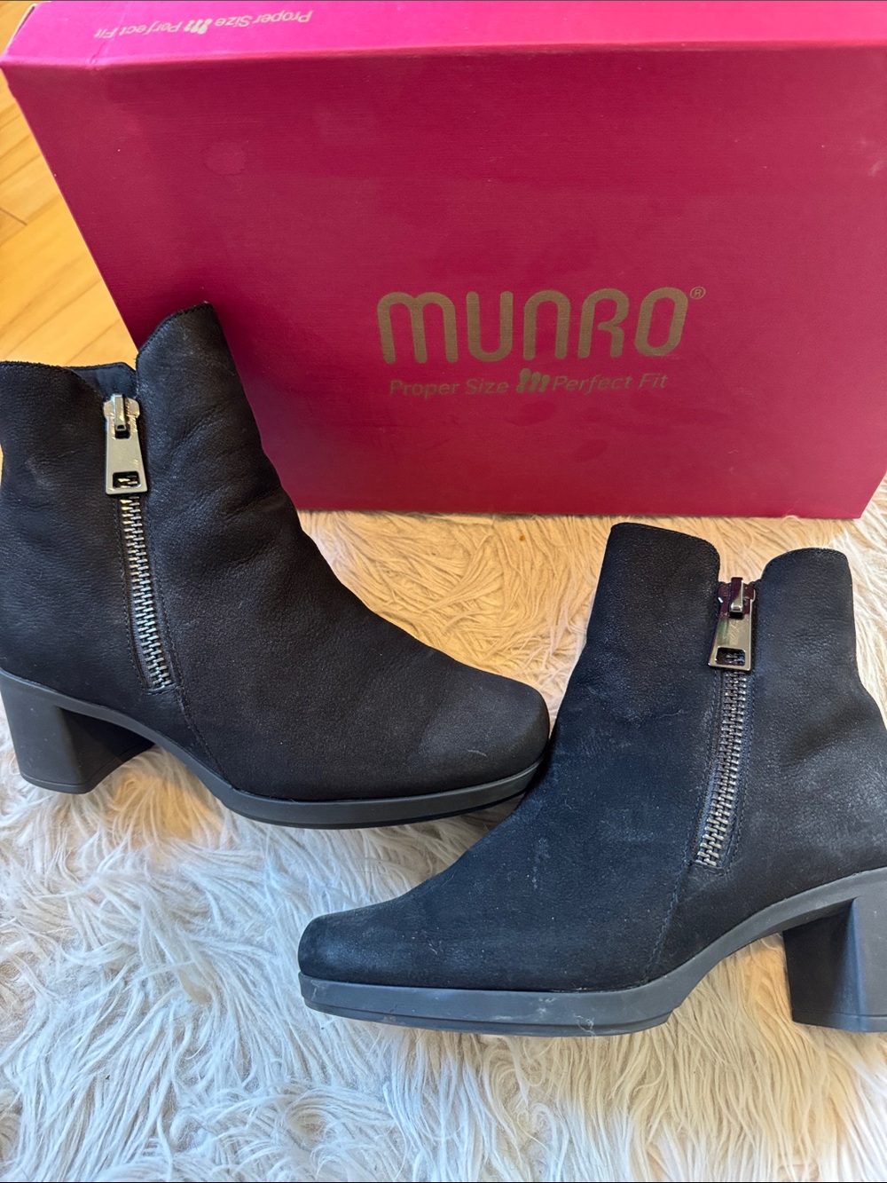 Munro “Devon” Black Suede Side-Zip Ankle Boots (Wide Width)
